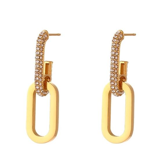 18K Gold Plated Zircon Chain‎ Drop Earrings Stainless Steel - Picture 3 of 6